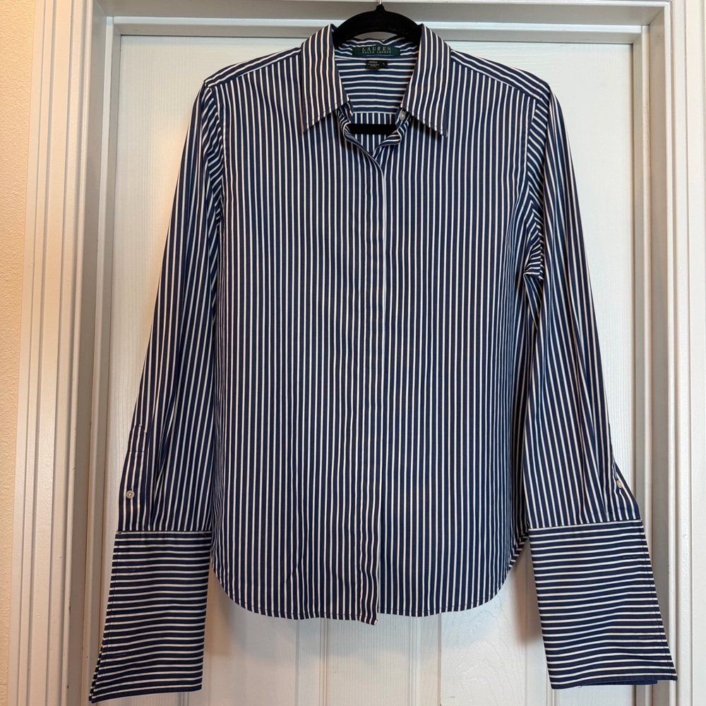 Lauren Ralph Lauren Women’s L Striped Button French Sleeve 100% Cotton